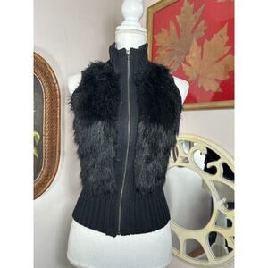 Guess Faux Fur Sweater Vest Women XS Black Zip Up Glam Rock Y2K Grunge Street